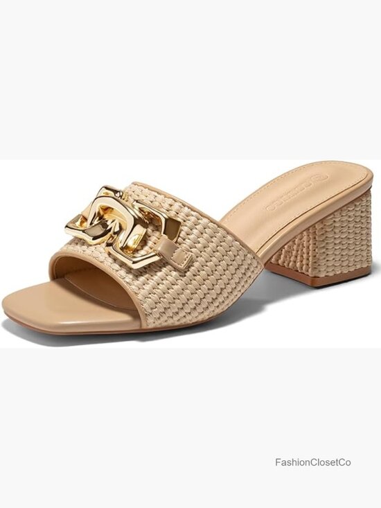 Shoes - Womens Raffia Slide Sandals Chunky Block Heeled Square Open Toe Metal Chain